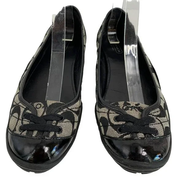 Womens 7.5 Coach Dannie Ballet Flats Shoes Monogram Patent Leather Black 6539 - Picture 2 of 16